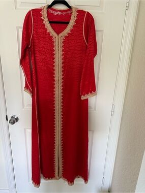 Red Embroidered V-Neck Long Dress caftan